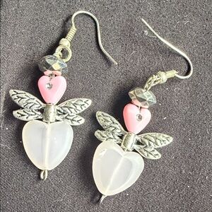 Silver and Pink Heart Wing Earrings